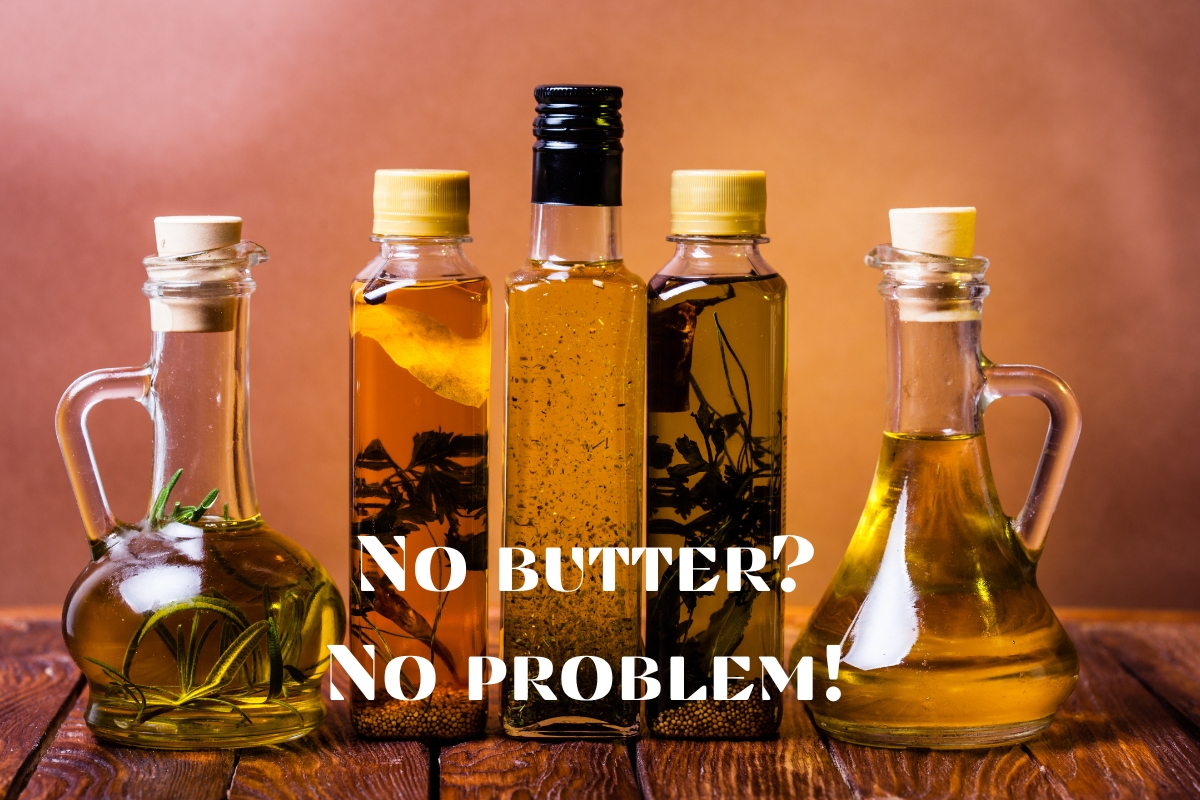 A playful text graphic stating "No butter, no problem?" suggesting alternatives for cooking or baking without butter.