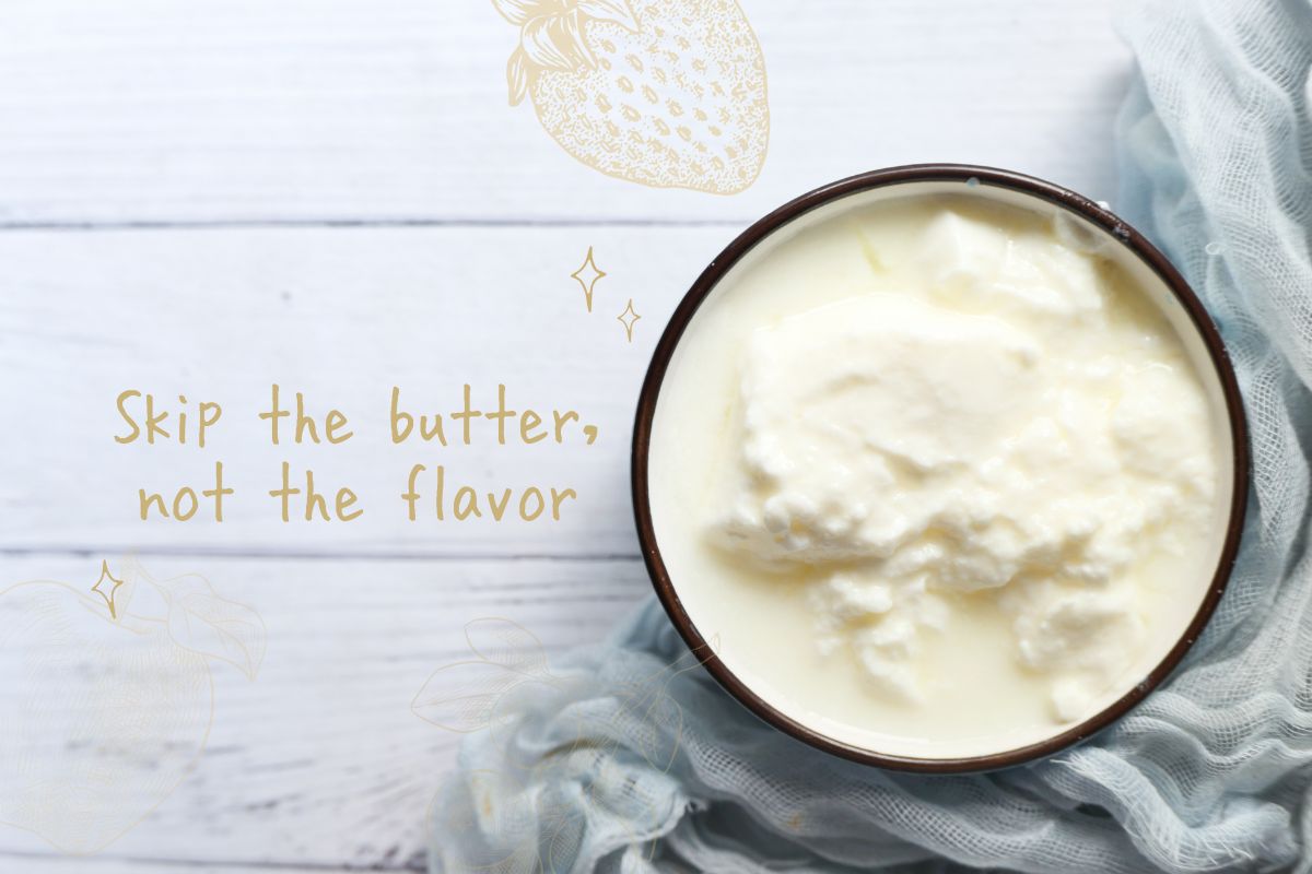 A vibrant dish showcasing flavorful ingredients, emphasizing taste without butter, with the phrase "skip the butter, not the flavor."