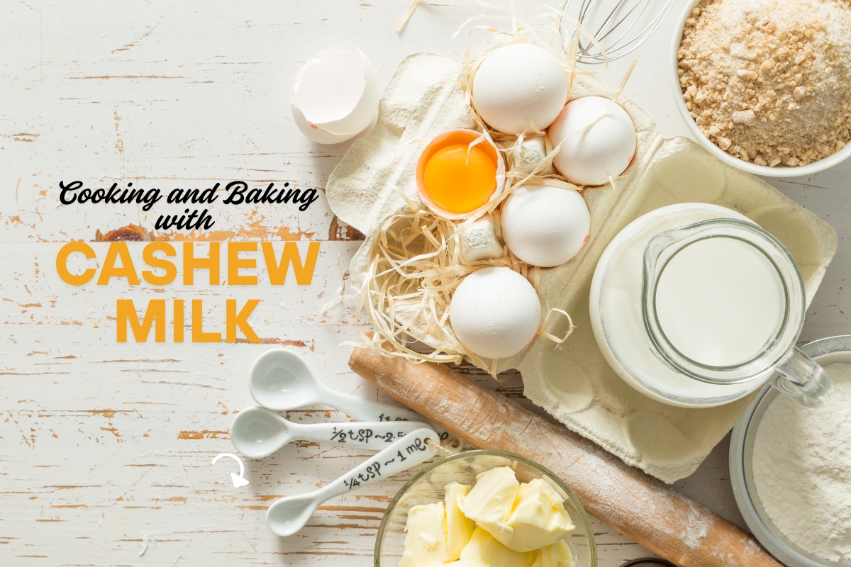 A kitchen scene featuring cashew milk, measuring cups, and baking tools, highlighting a cooking and baking process.