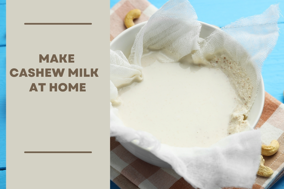 Visual instructions for creating cashew milk, showcasing cashews, water, and a blender in a kitchen setting.