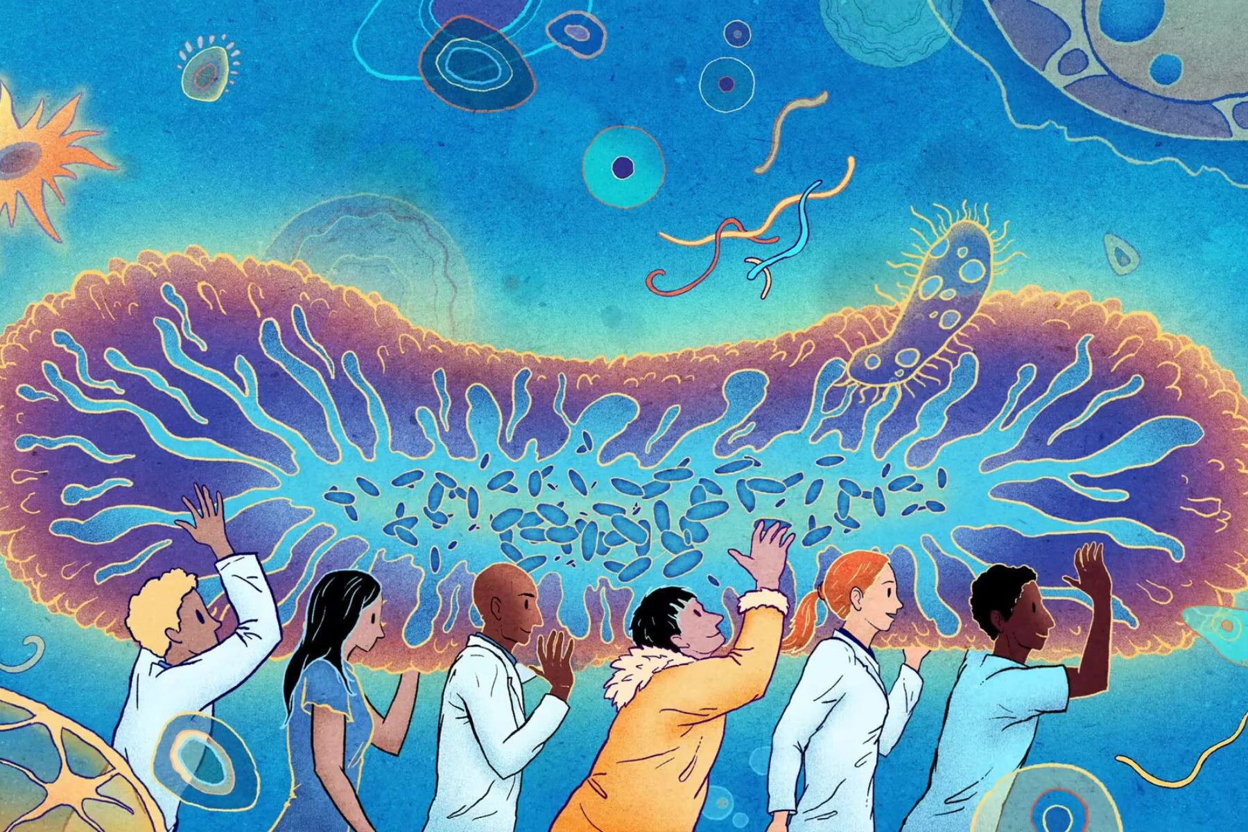 Colorful cartoon abstract artwork of a team of healthcare professinals and patients carrying a large microorganism through the intestinal tract with that is represented by blue a blue background with other microorganisms floating in the image as well.