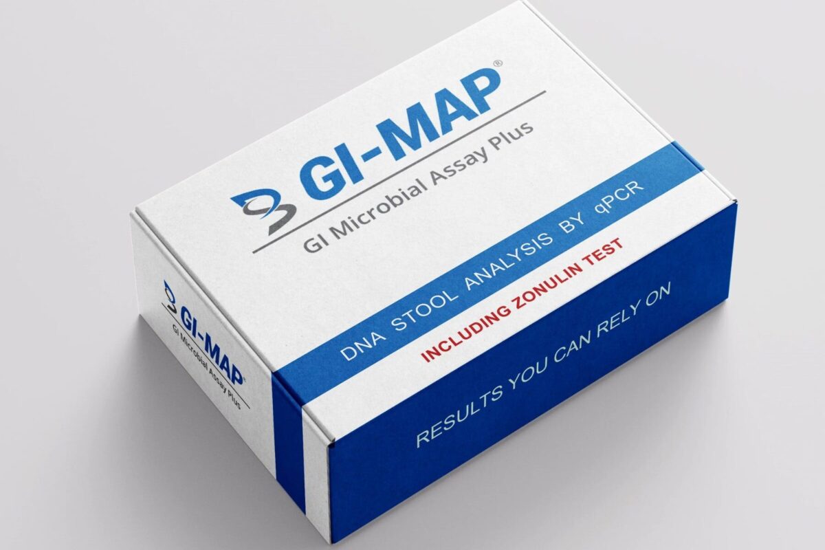 GI Map test kit on a white background. Kit packaging is blue and white.