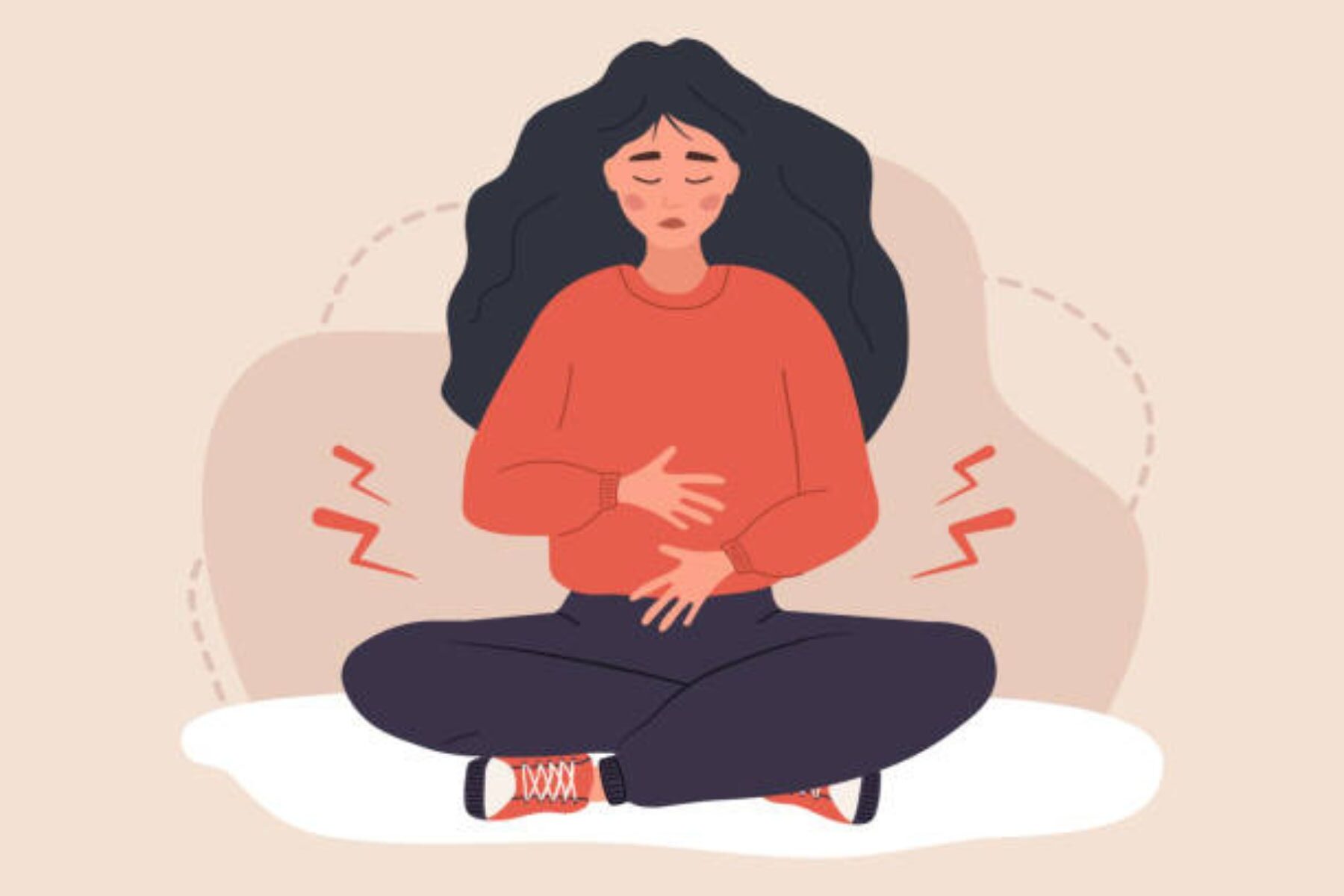 Cartoon image a girl with black hair, in an orange sweater, holding her stomach. Appears to be experiencing stomach discomfort. Image on a tan backgroound.
