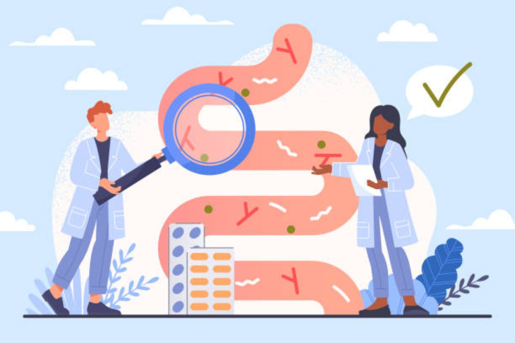 Cartoon image of two healthcare professionals assessing an enlarged intestinal tract that has microoganisms floating through it. Male healthcare professional holding a magnifying glass and female holding a paper. On a blue background with white clouds.